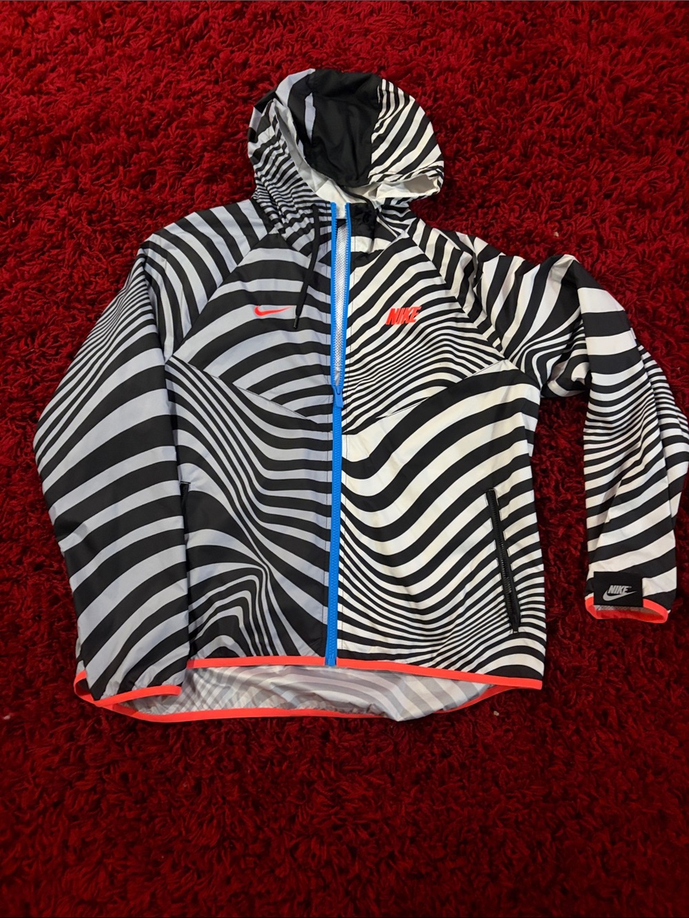 Nike Kids' Black & White Striped Hooded Swim Jacket with Orange Accents